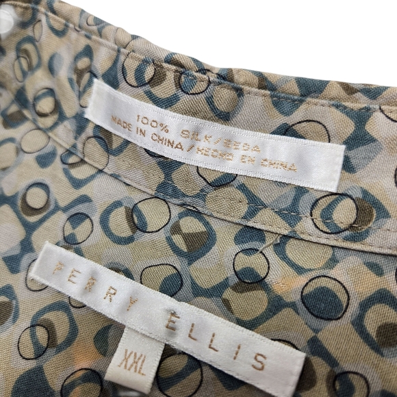 Perry Ellis Men's Silk Short Sleeve Button Down Pattern Shirt Tan Blue XXL - Picture 6 of 9